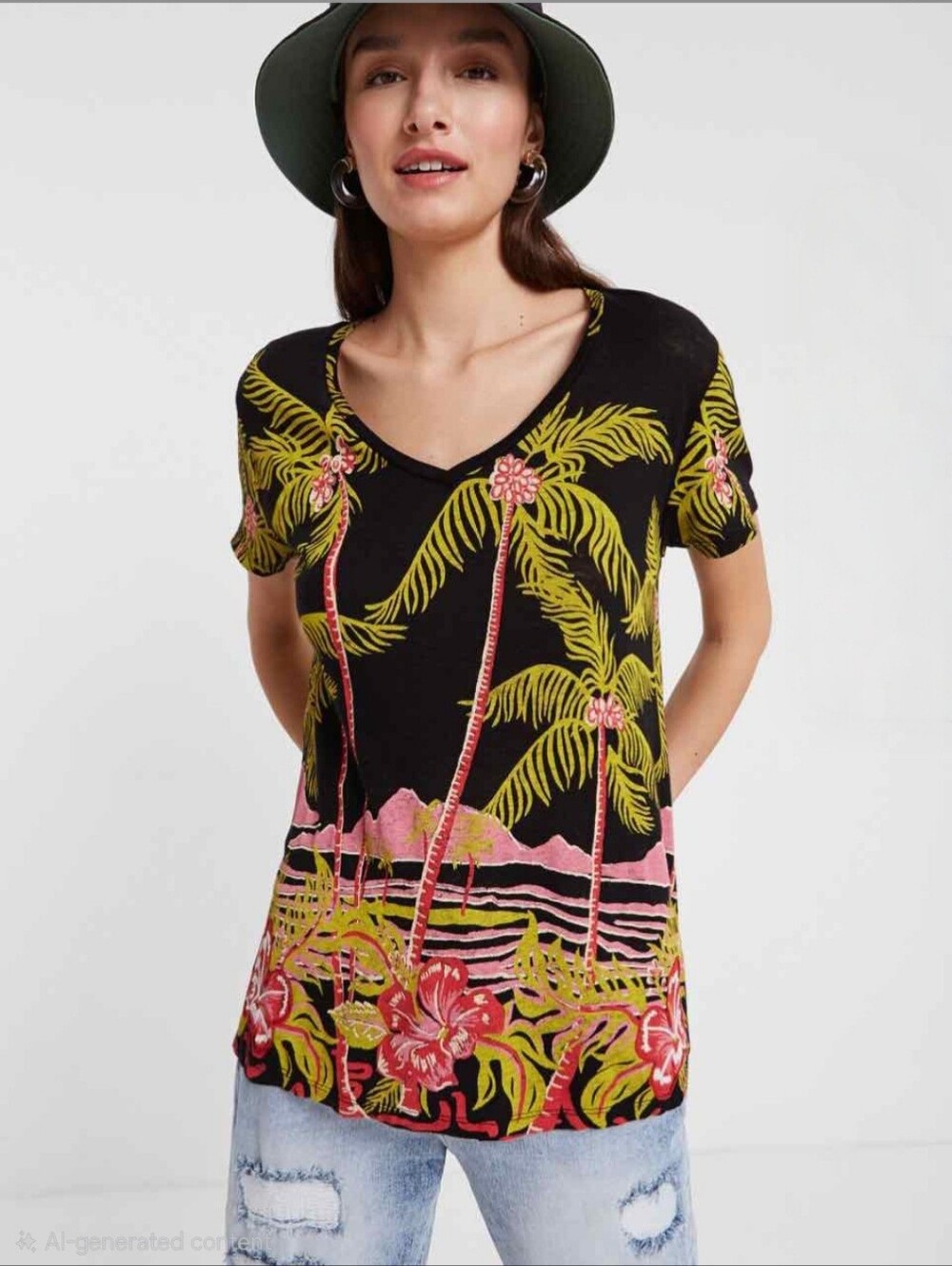 Desigual Hawaiian Design Linen Blend T-Shirt Black Palms
